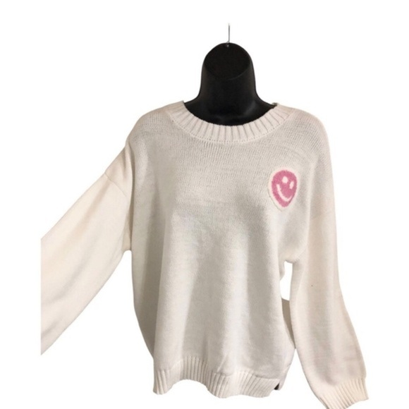 Jessica Simpson off white pink smiley face emoji‎ embroidered seeater size M - Picture 2 of 8